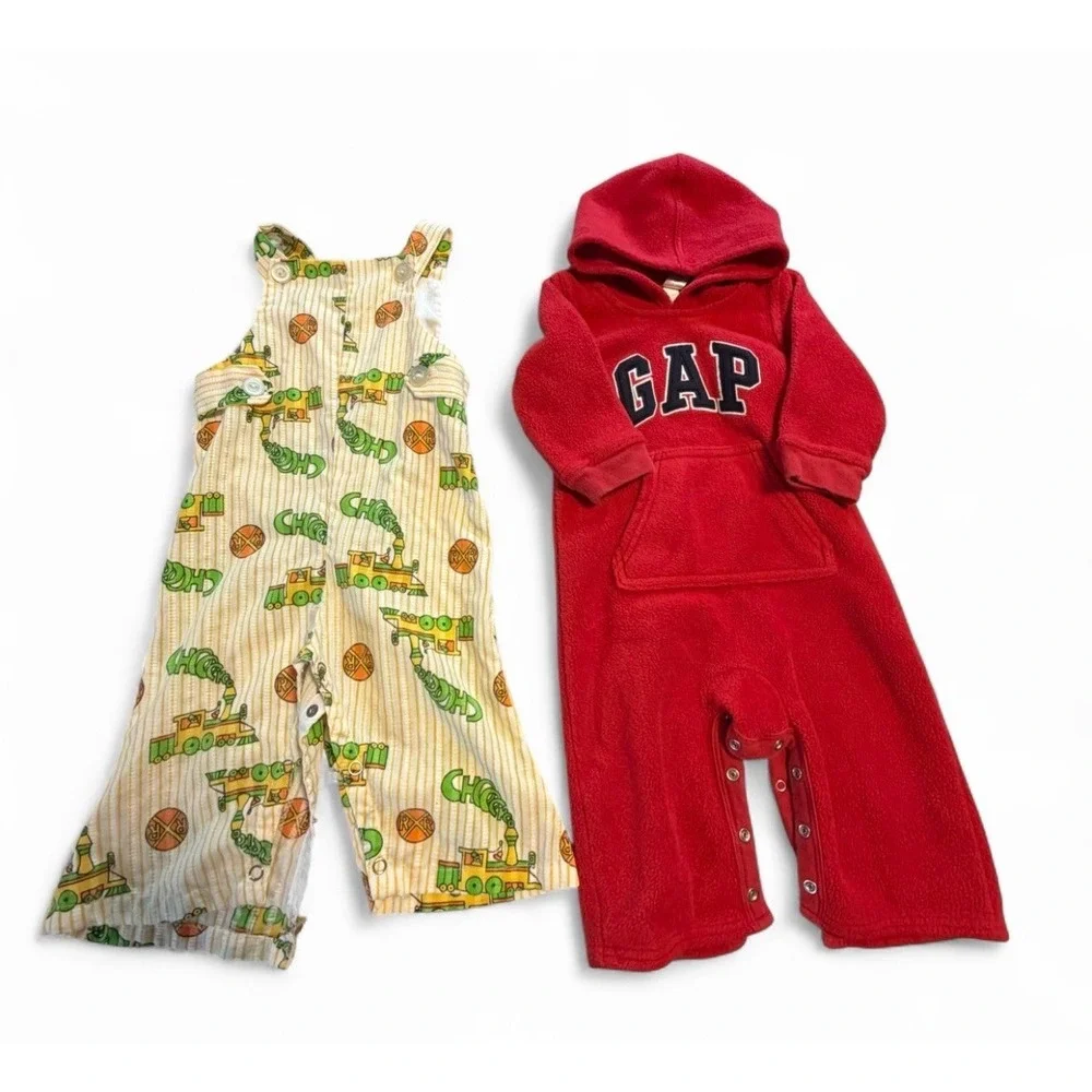 Y2K Baby‎ Gap Fleece Romper 6-12M + Vintage Train Overalls 18M Outfit Lot